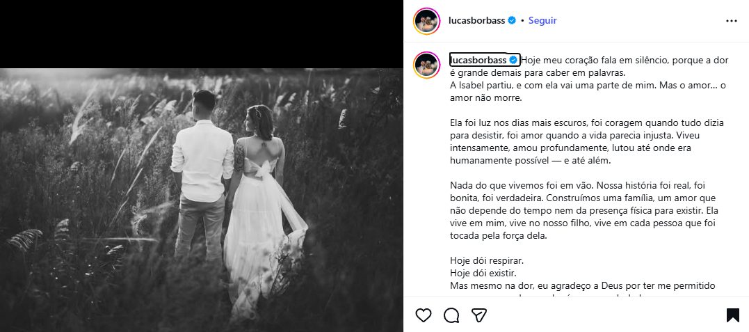 Após morte de Isabela Veloso, marido da influenciadora publica carta aberta; leia