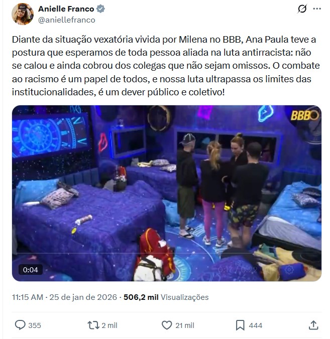 Post da Ministra sobre o BBB 26