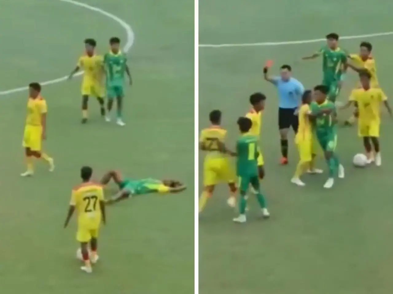 Jogador é banido do futebol após atingir adversário com golpe de artes marciais || Imagens/Reprodução: Redes Sociais 