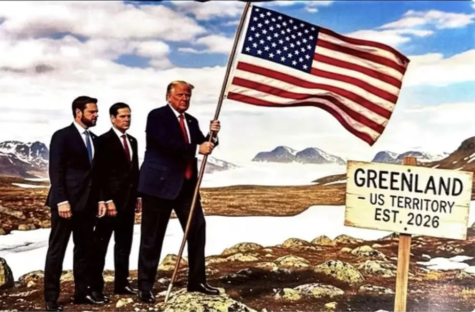 Em montagem, Donald Trump finca bandeira dos EUA, na Groelândia (Reprodução/Redes Sociais)