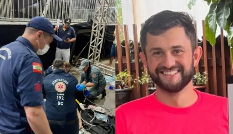 Trabalhador morreu após sofrer choque elétrico e cair durante montagem de palco em pavilhão da Efapi, em Chapecó, no Oeste de Santa Catarina. Foto: Reprodução.