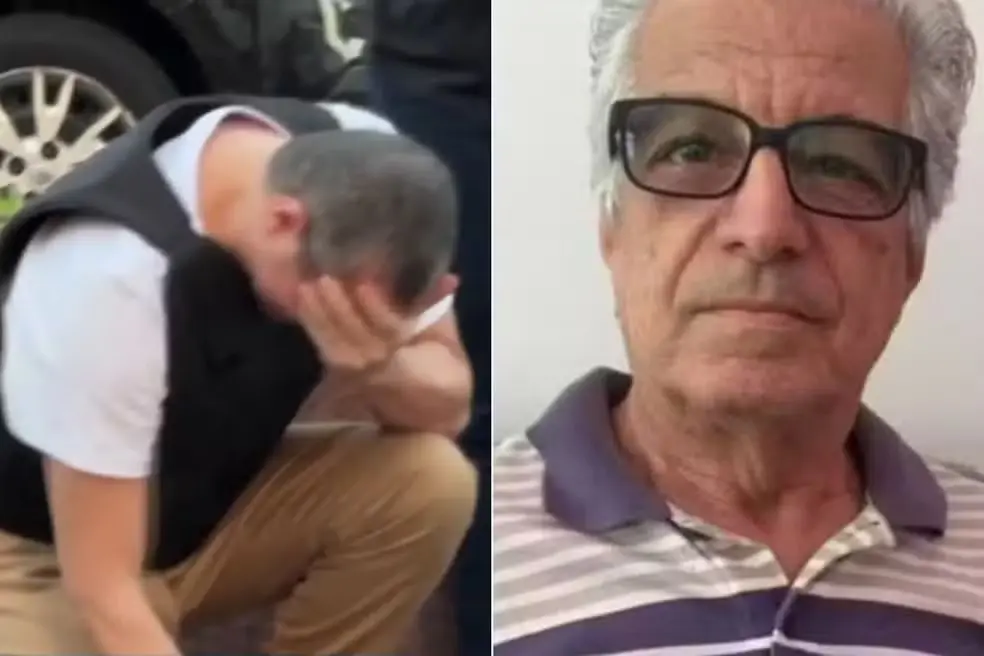 Tiago Gomes de Souza chorou na reconstituição do crime que matou Cesar Fine Torresi, de 77 anos. — Foto: Matheus Croce/TV Tribuna e Reprodução/Facebook