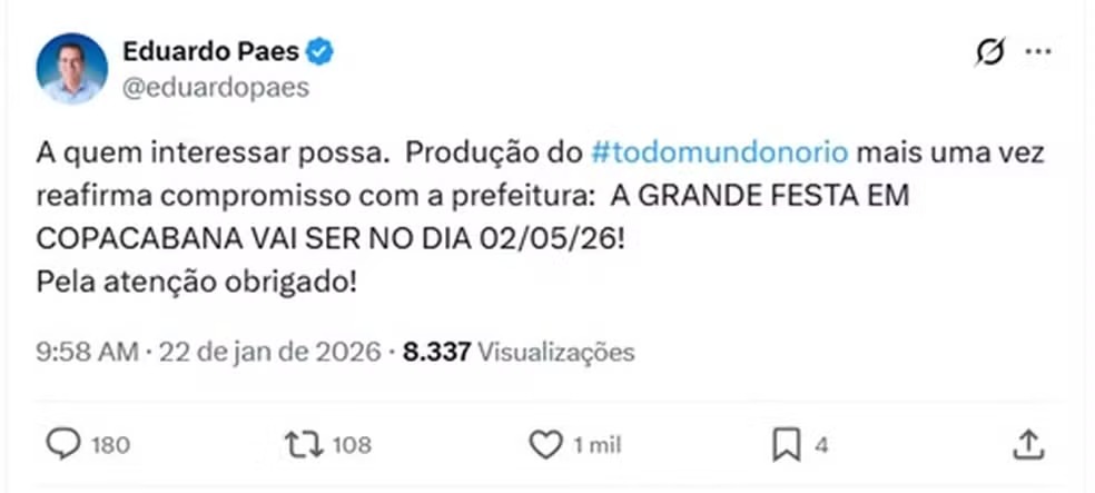 Prefeito do Rio confirmou a data do show do projeto 'Todo Mundo no Rio' — Foto: Reprodução/ X