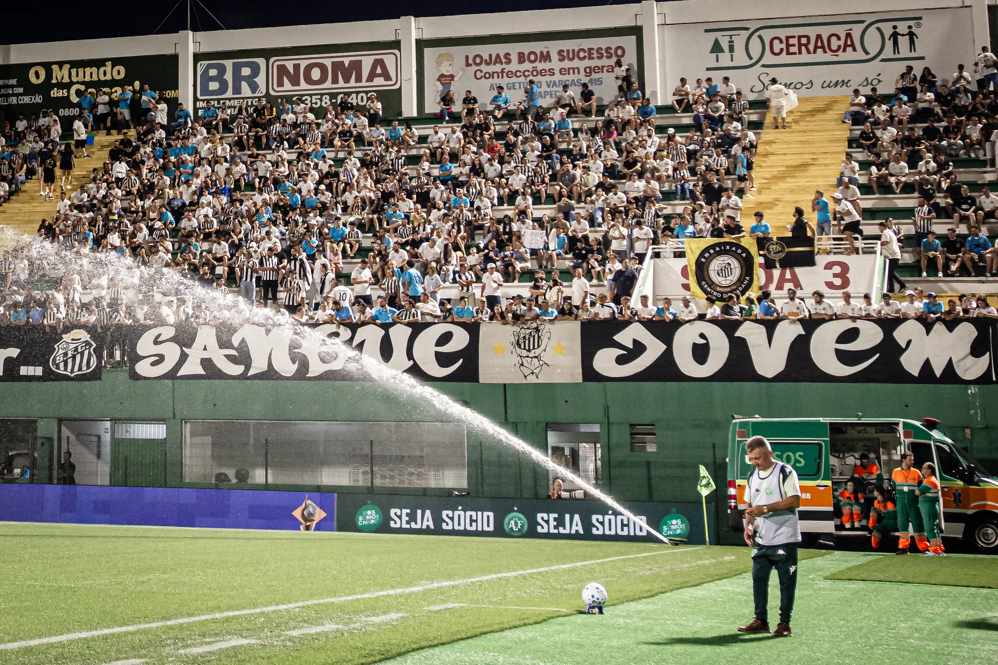 Torcedor do Santos é flagrado imitando avião em duelo contra a Chapecoense (Foto: Raul Baretta/ Santos FC)