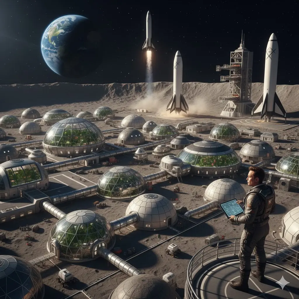 Elon Musk desiste de colonizar Marte e quer construir cidade na Lua. Imagem gerada por IA