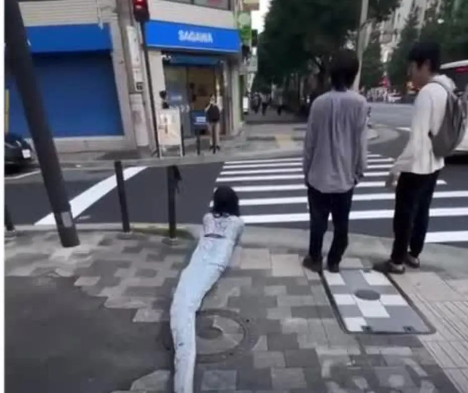 Júnior Caldeirão publicou vídeos em que aparece rastejando pelas ruas do Japão e afirmando se identificar como cobra; imagens viralizaram e reacenderam debate sobre o fenômeno therian nas redes sociais. Foto: Reprodução.