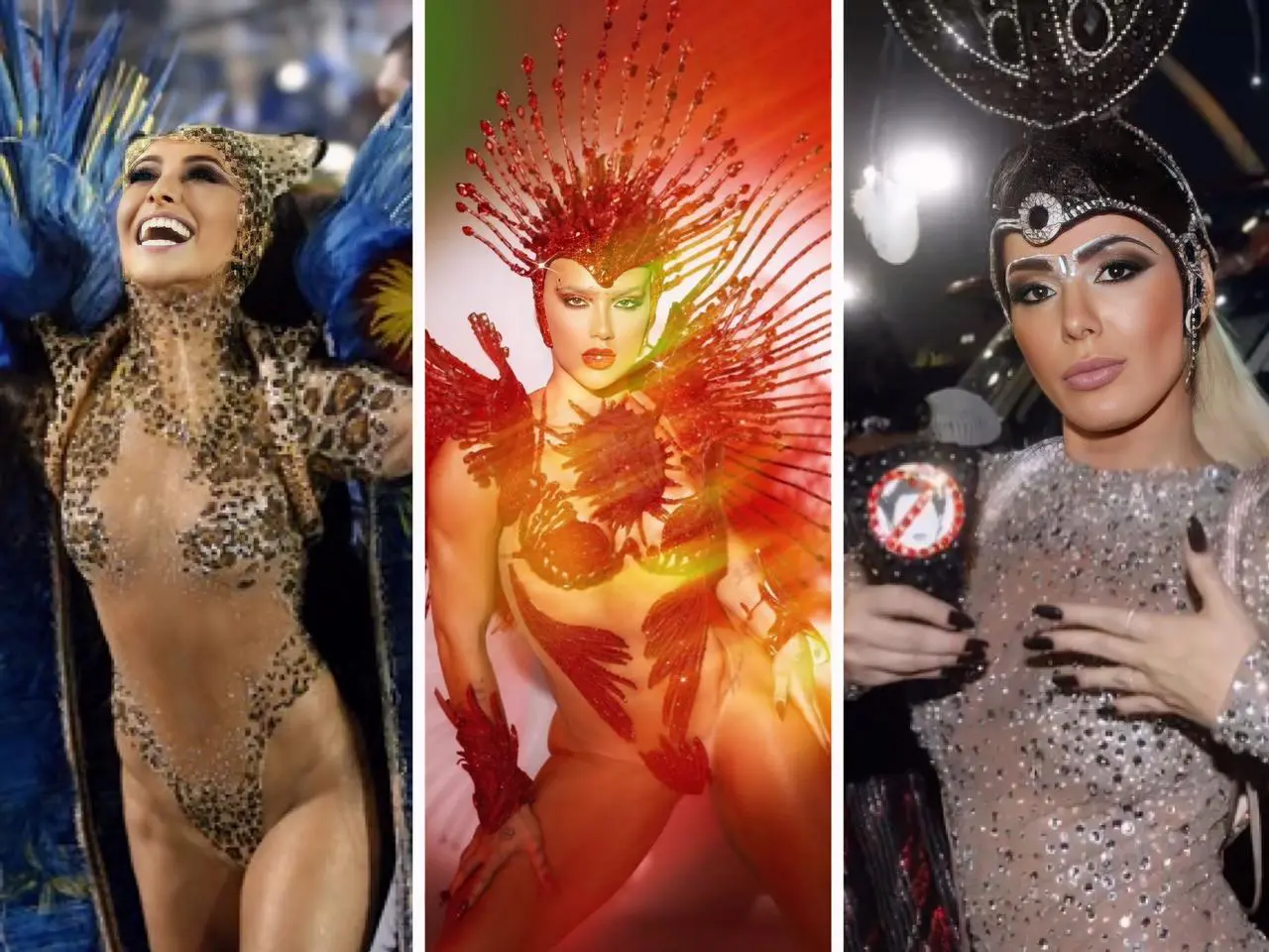 À esquerda Sabrina Sato desfilando na Vila Isabem em 2014 - No centro Virginia Fonseca em ensaio com fantasia para o desfile em 2026 - À direita Ju Isen em protesto no Carnaval de 2016 || Imagens/Reprodução: Site EGO/Redes Sociais 
