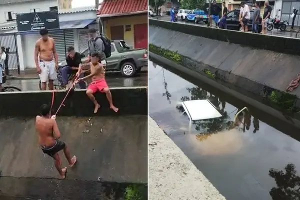 Barbeiragem ou cachaça? Motorista perde o controle e carro vai parar dentro de canal; vídeo