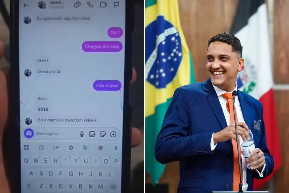 Vereador Diego Gomes Vieira (PRD), de Praia Grande (SP), é investigado por oferecer dinheiro em troca de favores sexuais com adolescentes — Foto: Reprodução e Reprodução/Facebook