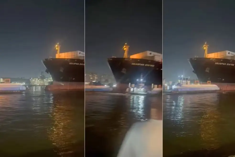 Navio porta-contêineres bate em balsas no Porto de Santos (Foto: Redes Sociais)