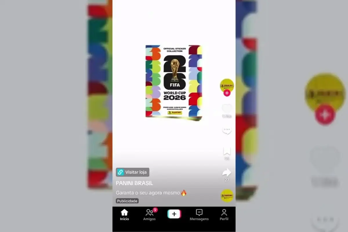 Panini Brasil alerta que a pré-venda oficial do álbum da Copa do Mundo de 2026 ainda não começou e que anúncios nas redes sociais  fazem parte de um golpe. Foto: Reprodução / Tiktok.