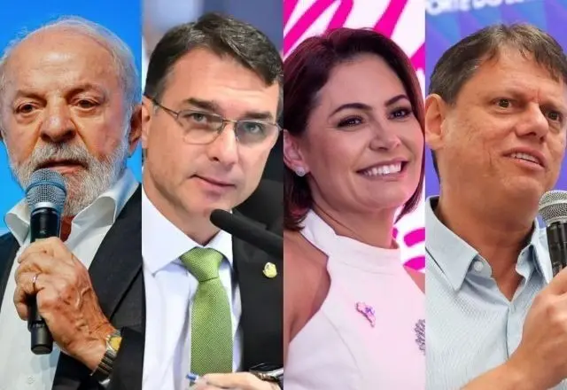 Lula (PT), Flávio Bolsonaro (PL-RJ), Michelle Bolsonaro (PL) e Tarcísio de Freitas (Republicanos) | Divulgação/Ricardo Stuckert/PR, Edilson Rodrigues/Agência Senado, PL Mulher e Pablo Jacob/Governo de SP
