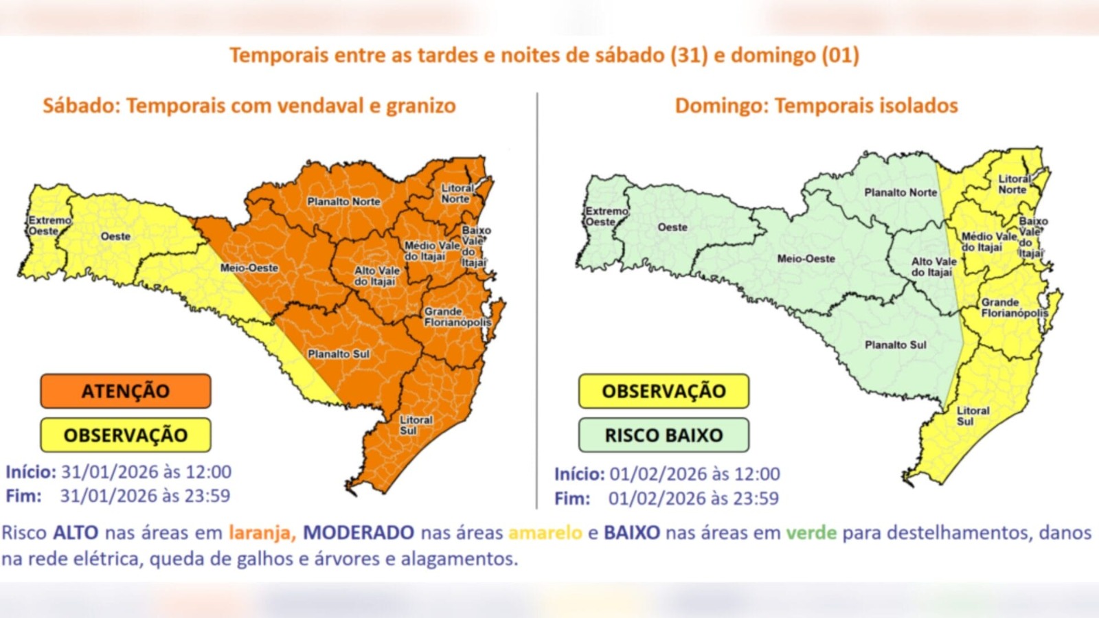 No domingo (1º), temporais perdem força e são mais isolados (Foto: Defesa Civil, Reprodução)