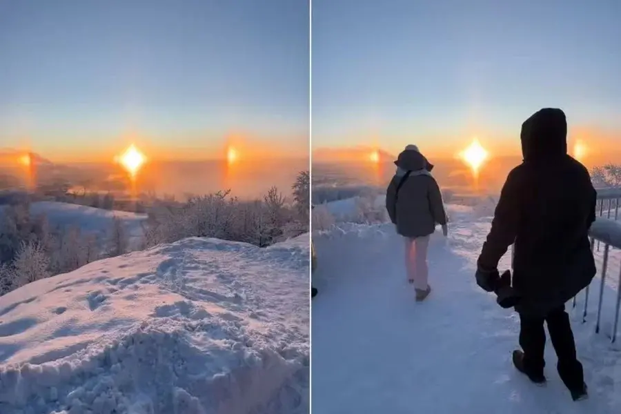 Imagens registradas na cidade de Murmansk mostram fenômeno atmosférico que deu a impressão de múltiplos sóis no horizonte. Foto: Divulgação.