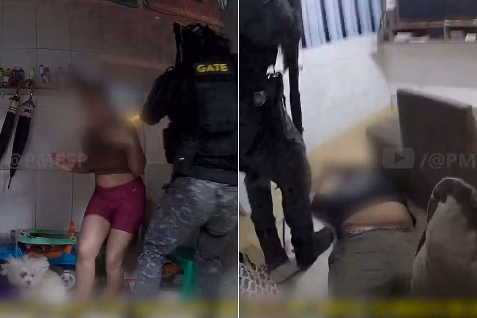 Homem é preso após manter companheira (de bermuda rosa) refém com criança em Guarujá (SP) (Foto: Polícia Militar´/Divulgação)