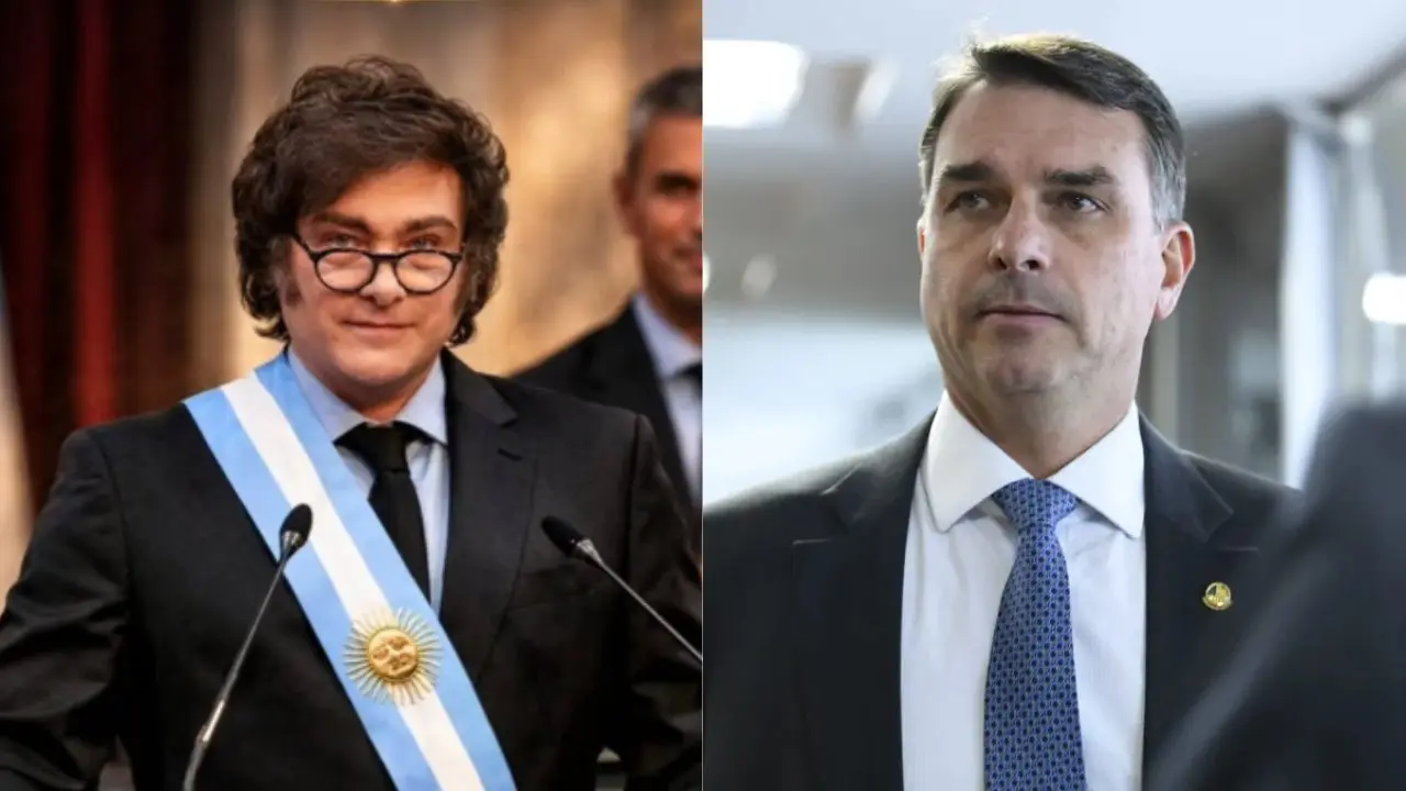 Javier Milei e Flávio Bolsonaro (Reprodução/Redes Sociais/ Foto: Andressa Anholete/Agência Senado)