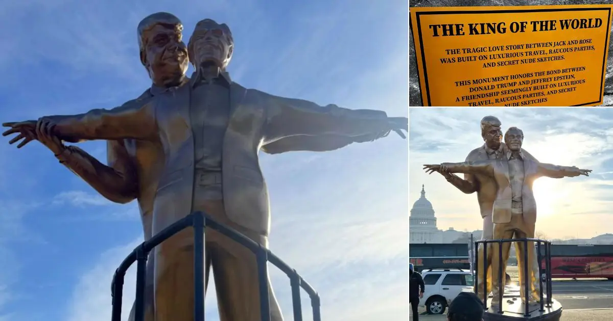 Estátua de Trump e Epstein em pose de 'Titanic' é instalada em Washington; veja