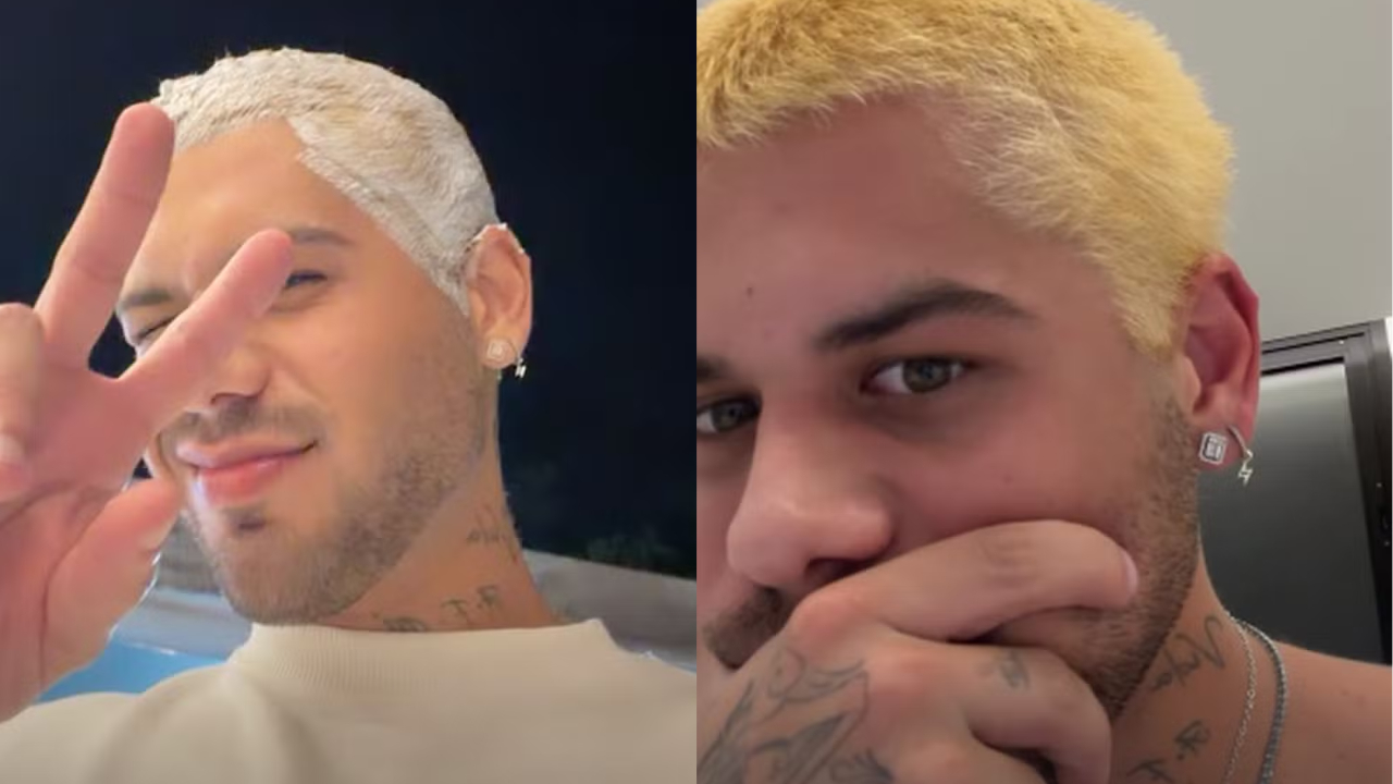 Homem loiro em duas fotos. Na primeira, ele utiliza um produto comum para descoloração de fio capilar; na segunda, ele aparece com o resultado final e mão na boca, com perplexidade no olhar.