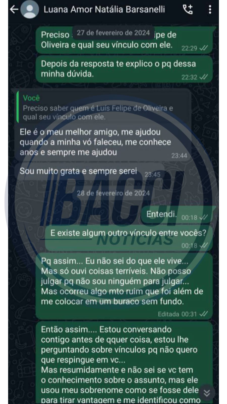 Conversa de Felipe Heystee se passando por Luana || Reprodução: Material BacciNoticias