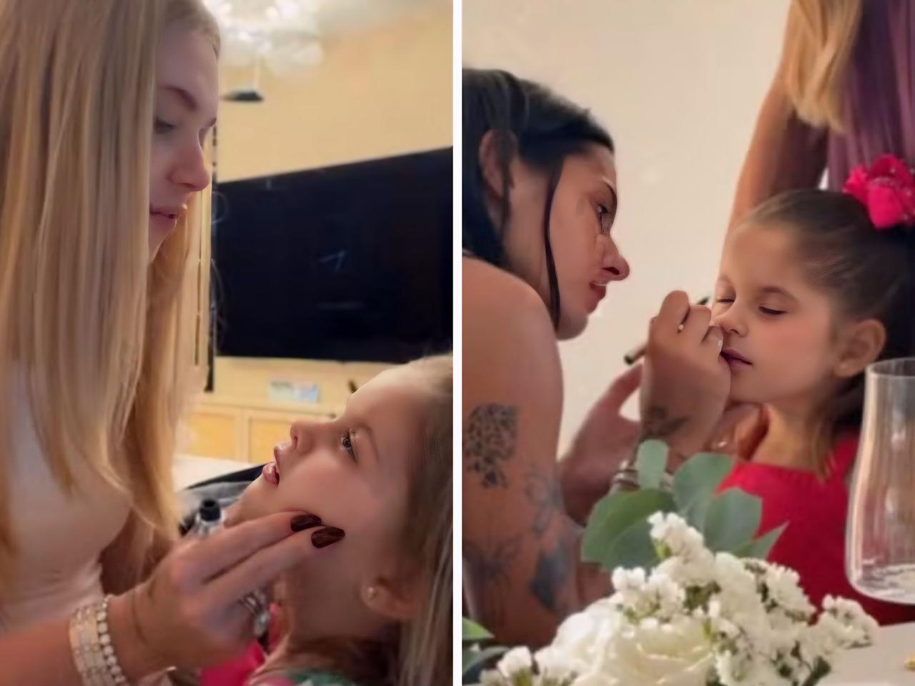 Virginia e Ana Castela maquiando Maria Flor || Reprodução: Redes Sociais 