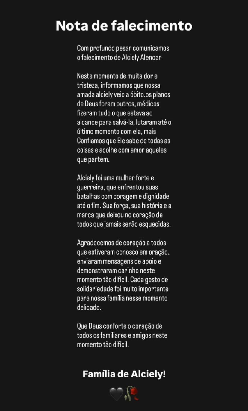 Nota de Falecimento da Família de Alciele Alencar || Reprodução: Redes Sociais 