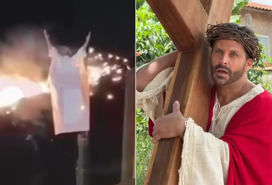 Henri Castelli é atingido por chamas durante peça de Jesus (Foto: Reprodução)