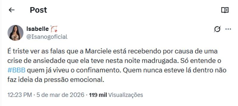 BBB 26: Isabelle sai em defesa de Marciele após ataques por crise na madrugada