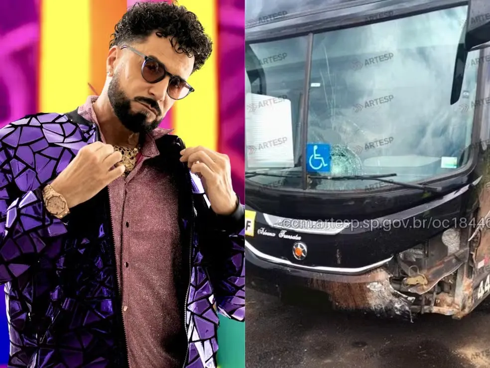 Cantor Latino e equipe sofrem acidente de ônibus na rodovia SP-310 no interior de SP (Foto: Redes Sociais e CCM - Artesp)