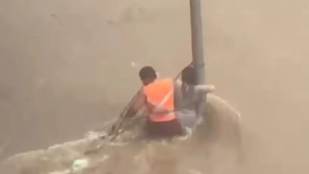 Vídeo mostra mulher se segurando em poste em meio à enxurrada em SP (Foto: Reprodução/Redes sociais)