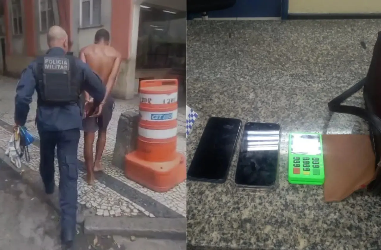 Polícia apreendeu máquina de cartão, celulares, bolsas e porções de maconha com o suspeito. Foto: Reprodução.