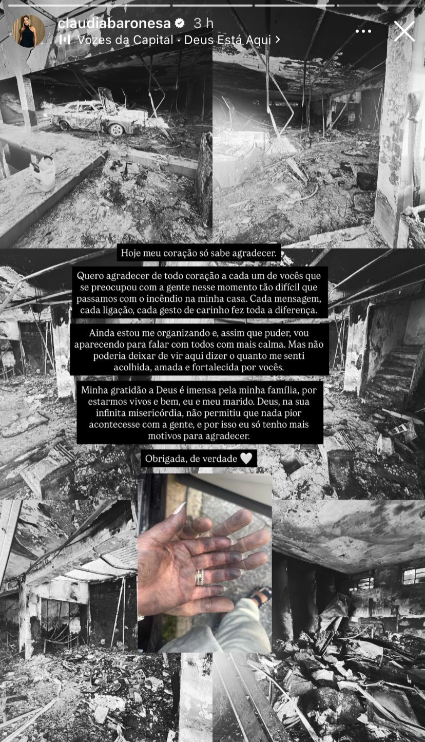 Publicação de Cláudia Baronesa sobre o incêndio em sua casa || Reprodução: Redes Sociais 