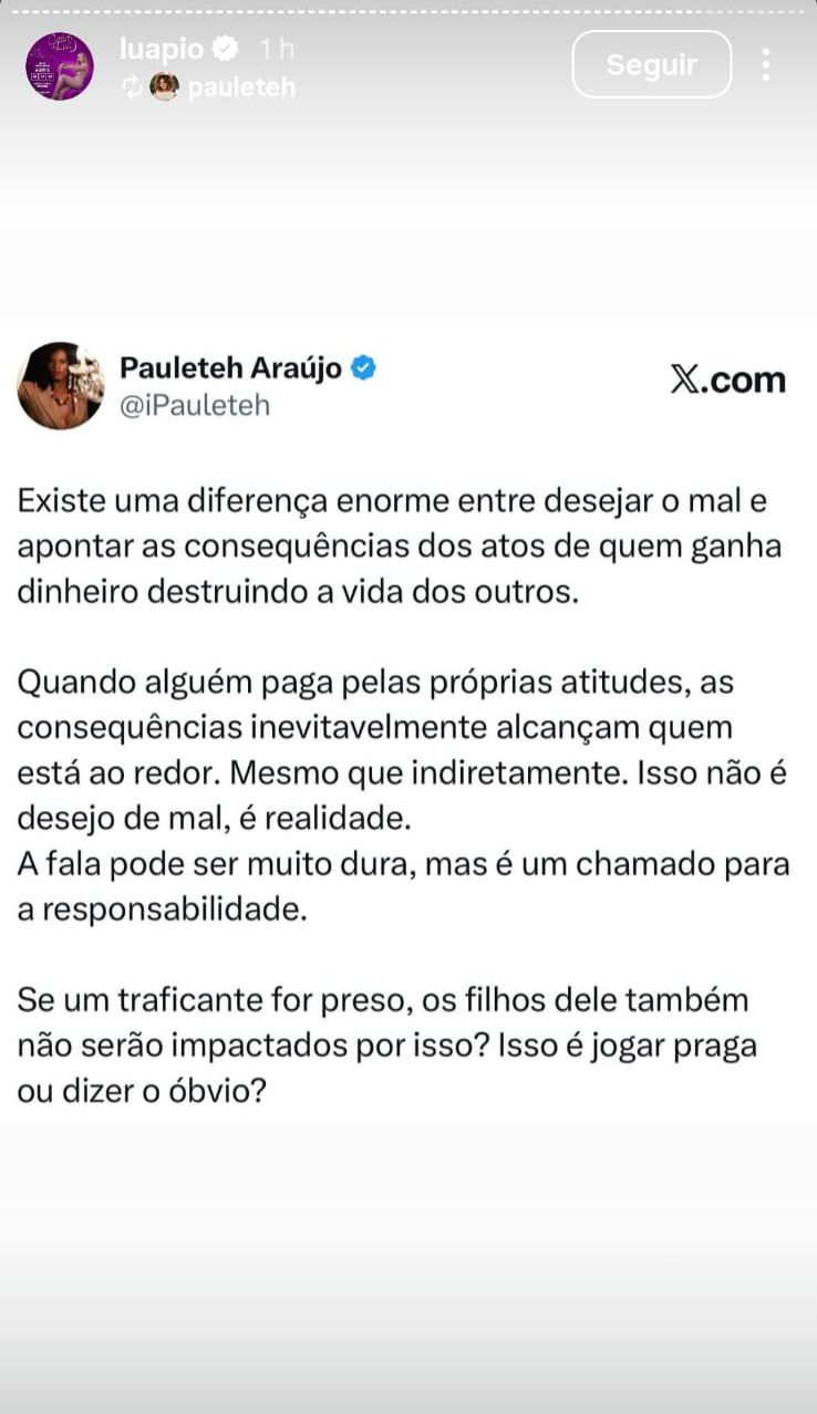 Publicação repostada por Luana Piovani 