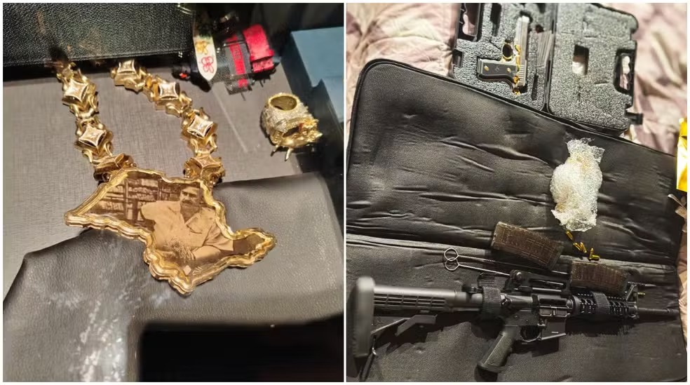 Colar com imagem de Pablo Escobar dentro de moldura com o mapa de São Paulo e armas foram apreendidos pela PF contra MC Ryan SP e MC Poze do Rodo — Foto: Divulgação/PF