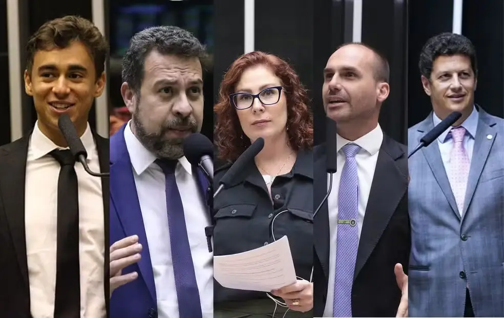 Nikolas Ferreira (PL-MG), Guilherme Boulos (PSOL-SP), Carla Zzambelli (PL-SP), Eduardo Bolsonaro (PL-SP) e Ricardo Salles (PL-SP) — Foto: Reprodução/ Câmara dos Deputados