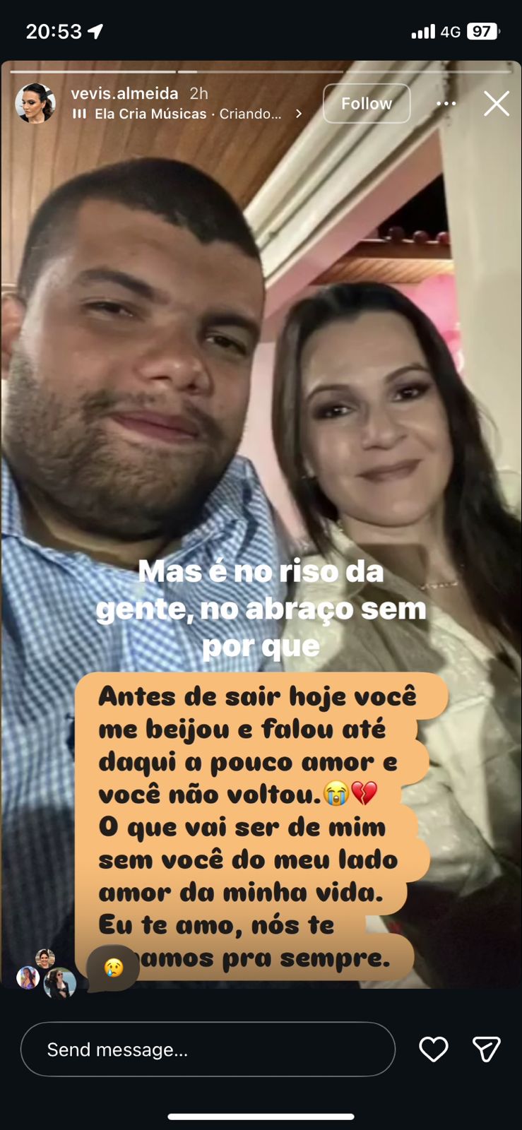 Mensagem da esposa do piloto Nélio Maria Batista Pessanha, uma das vítimas da queda de um avião de pequeno porte em Capão da Canoa (RS). Reprodução/redes sociais