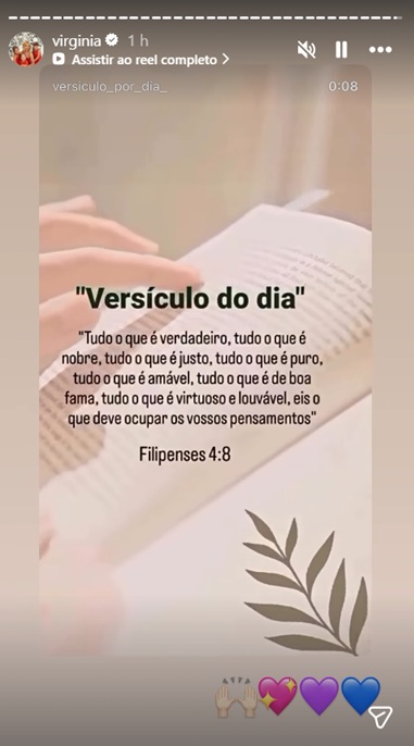 Virginia publica versículo bíblico ocorre após repercussão de vídeo em que Zé Felipe aparece dançando com Luiza Marquesa, produtora de conteúdo adulto. Reprodução/redes sociais