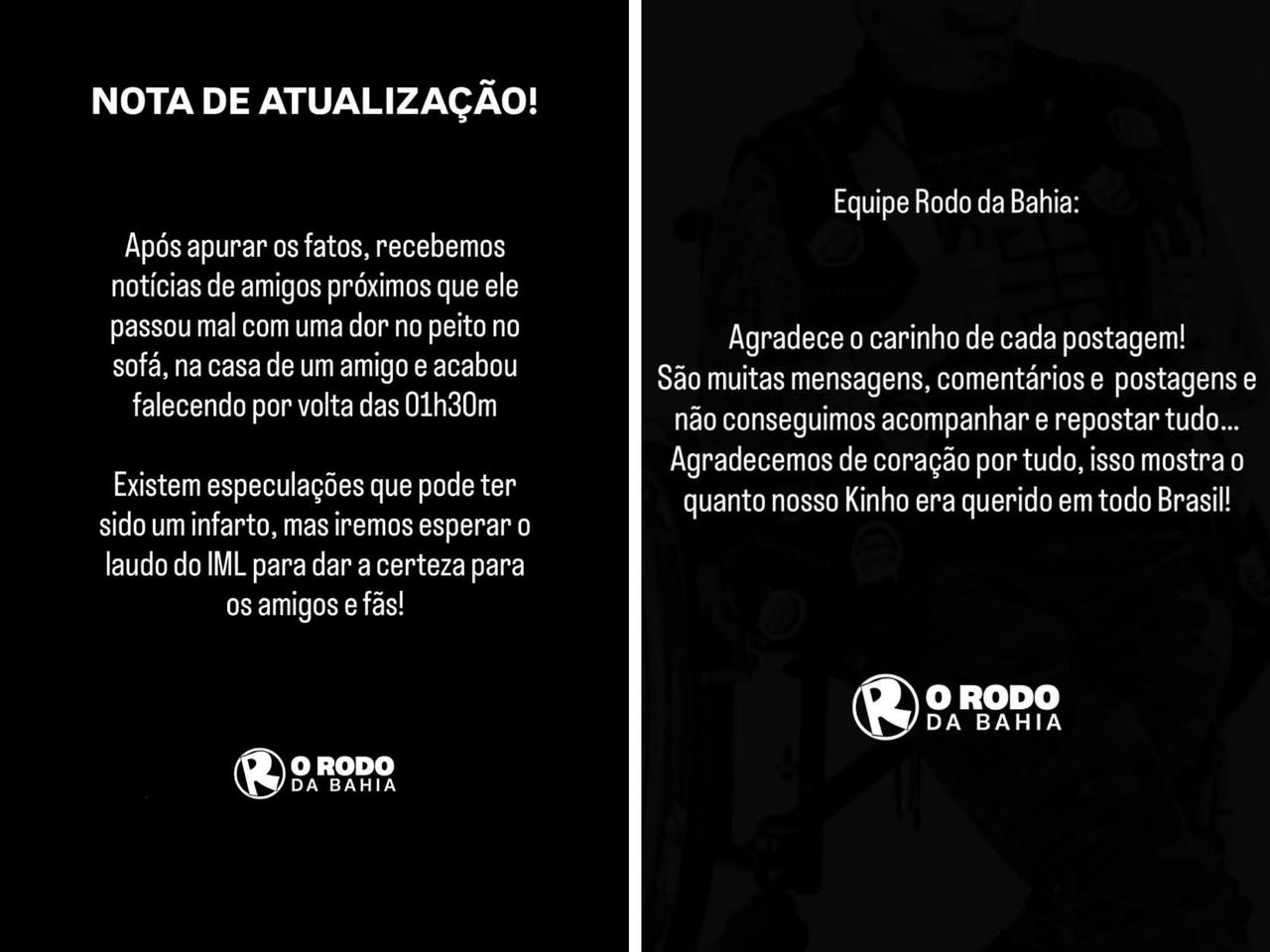 Posicionamento da equipe de Kinho e da grupo O Rodo da Bahia - Reprodução: Redes Sociais 