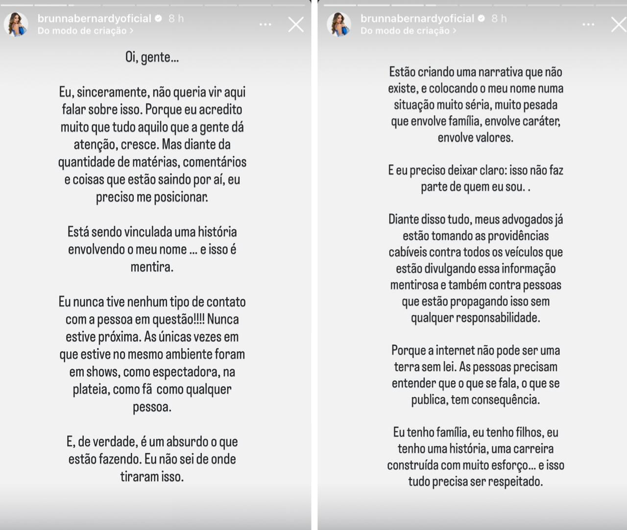 Posicionamento de Bruna Bernardi sobre o assunto || Reprodução: Redes SOciais 