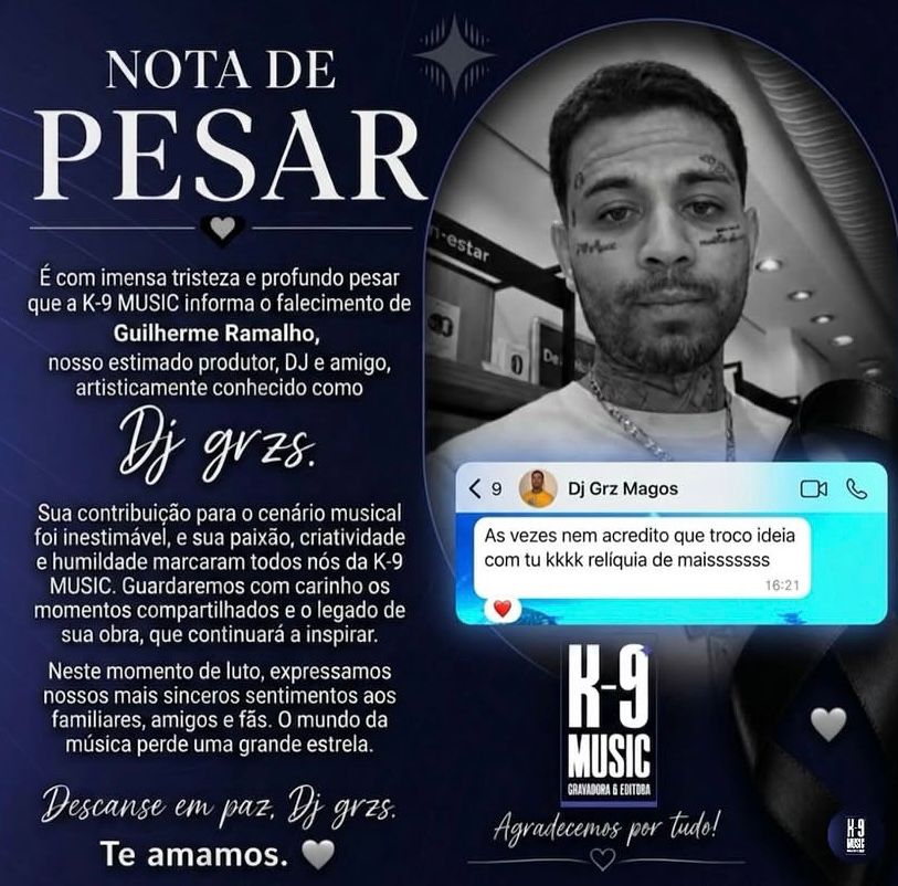 Nota de pesar publicada pela produtora K-9 Music || Reprodução: Redes Sociais