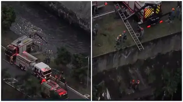 Carro despenca em rio e fica submerso após acidente em SP (Foto: Reprodução/TV Globo)