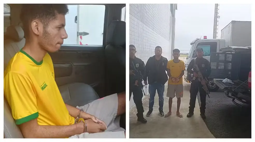 Alessandro, preso por suspeita de participar de estupro coletivo, é levado para aeroporto na BA por policiais de SP. Ele seguirá algemado em voo para a capital paulista. (Foto: Divulgação/Polícia Civil de SP)