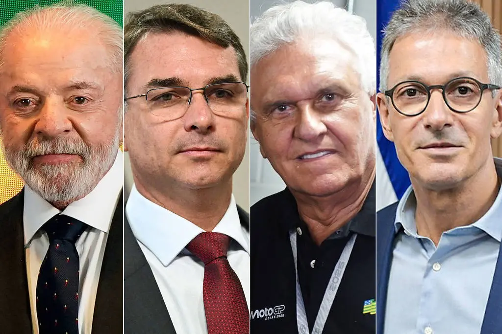 Os pré-candidatos à Presidência Lula, Flávio Bolsonaro, Ronaldo Caiado e Romeu Zema - Fotos: Reprodução
