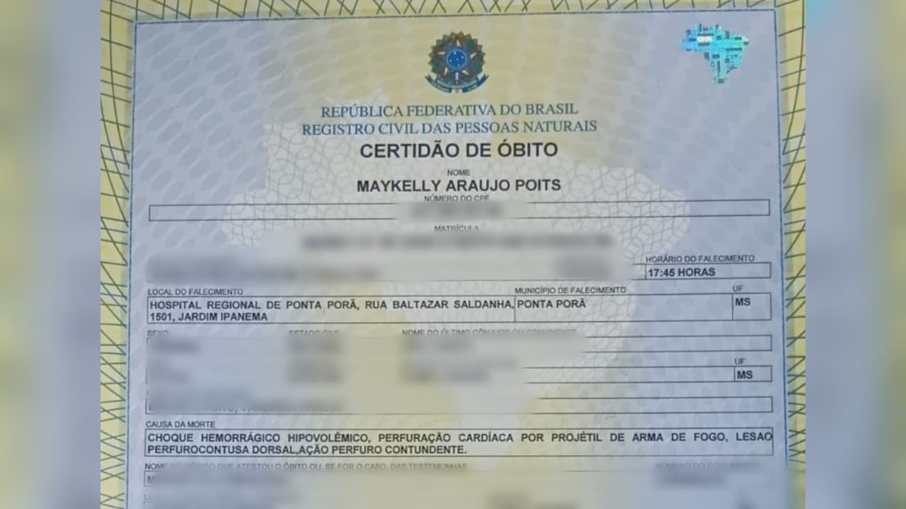 Mulher baleada em MS. Certidão de óbito