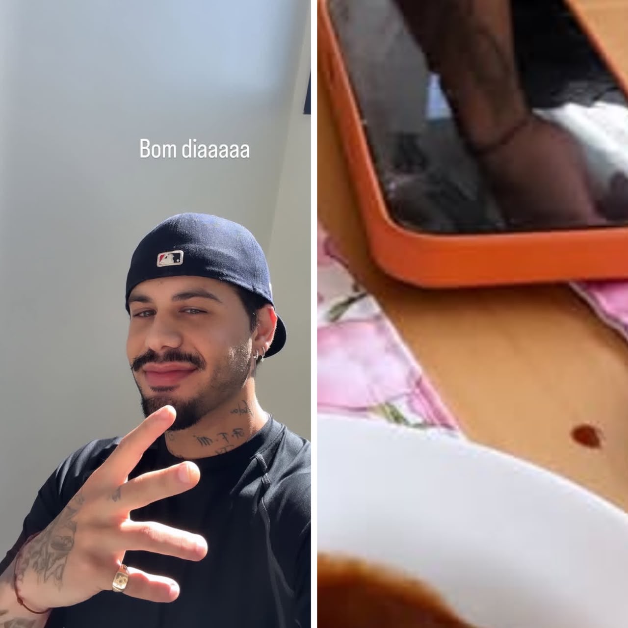 Foto de Zé Felipe exibindo pulseira e reflexo no celular do Hebert 