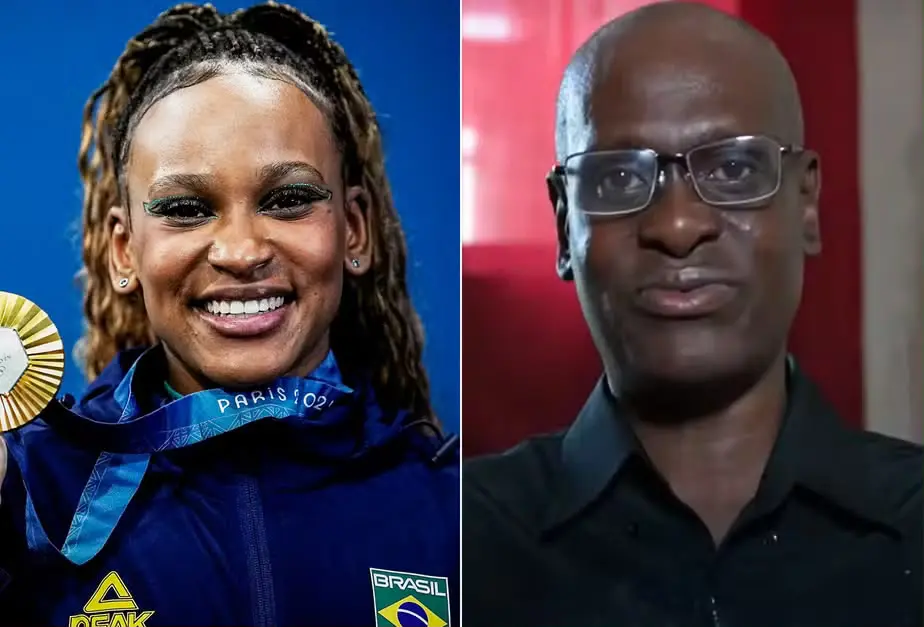 Rebeca Andrade e seu pai, Ricardo Andrade Alexandre (Foto: Loureiro/COB e Reprodução/YouTube)