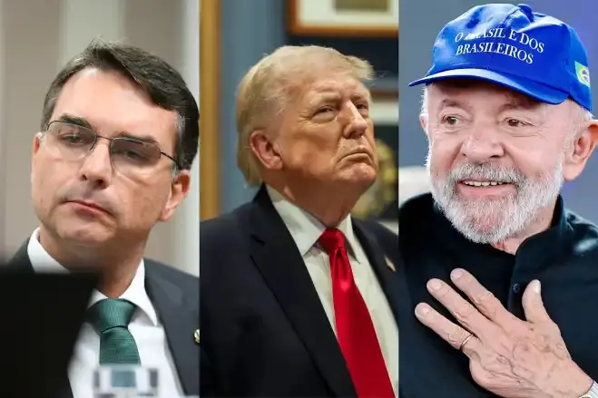 Flávio Bolsonaro (PL-RJ), Donald Trump e Lula (PT) - Fotos: Andressa Anholete / Agência Senado | Official White House Photo by Daniel Torok | Ricardo Stuckert / PR.
