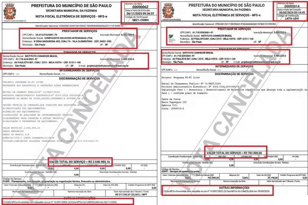 As notas fiscais canceladas apresentadas pela a ONG Instituto Conhecer Brasil à Prefeitura de São Paulo na prestação de contas. — Foto: Reprodução/PMSP