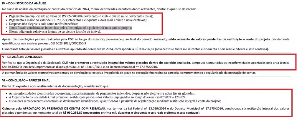 Parecer da secretaria de Inovação e Tecnologia apontando irregularidades nas prestações de conta da ONG. — Foto: Reprodução/PMSP