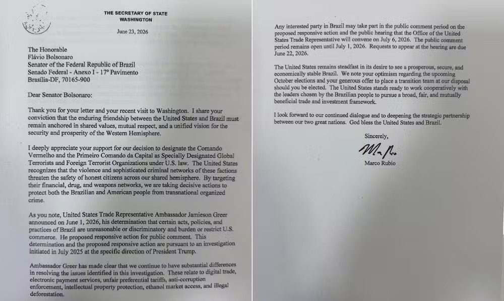 Carta do secretário de Estado dos EUA, Marco Rubio, em resposta a telegrama enviado por Flávio Bolsonaro pedindo para que o governo Trump não aplicasse novas tarifas contra o Brasil — Foto: Reprodução