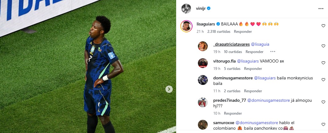 Postagem de Vini Jr. e comentário de Lis Aguiar 